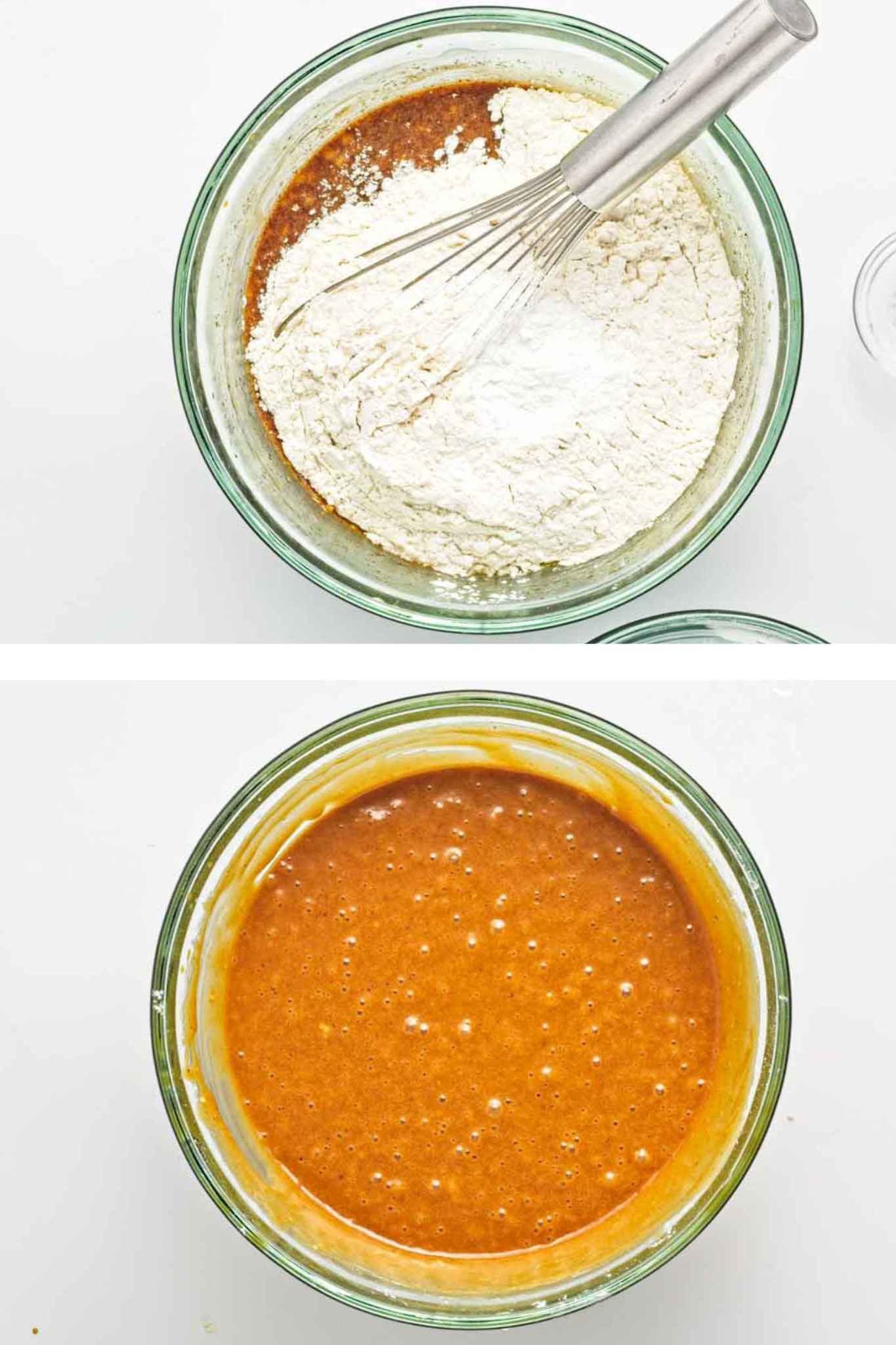 Flour added to spiced cupcake batter in a glass mixing bowl.
