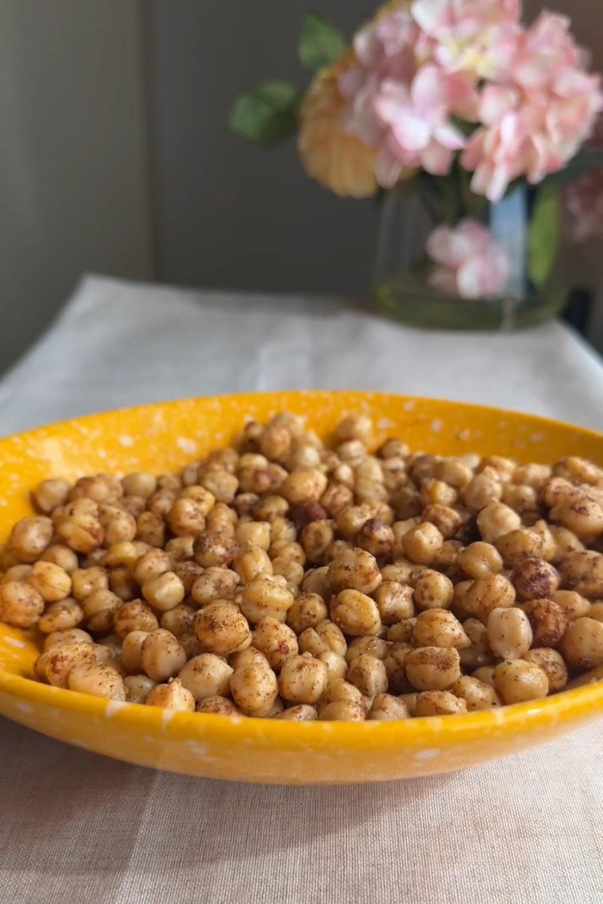 Seasoned chickpeas in a bowl.
