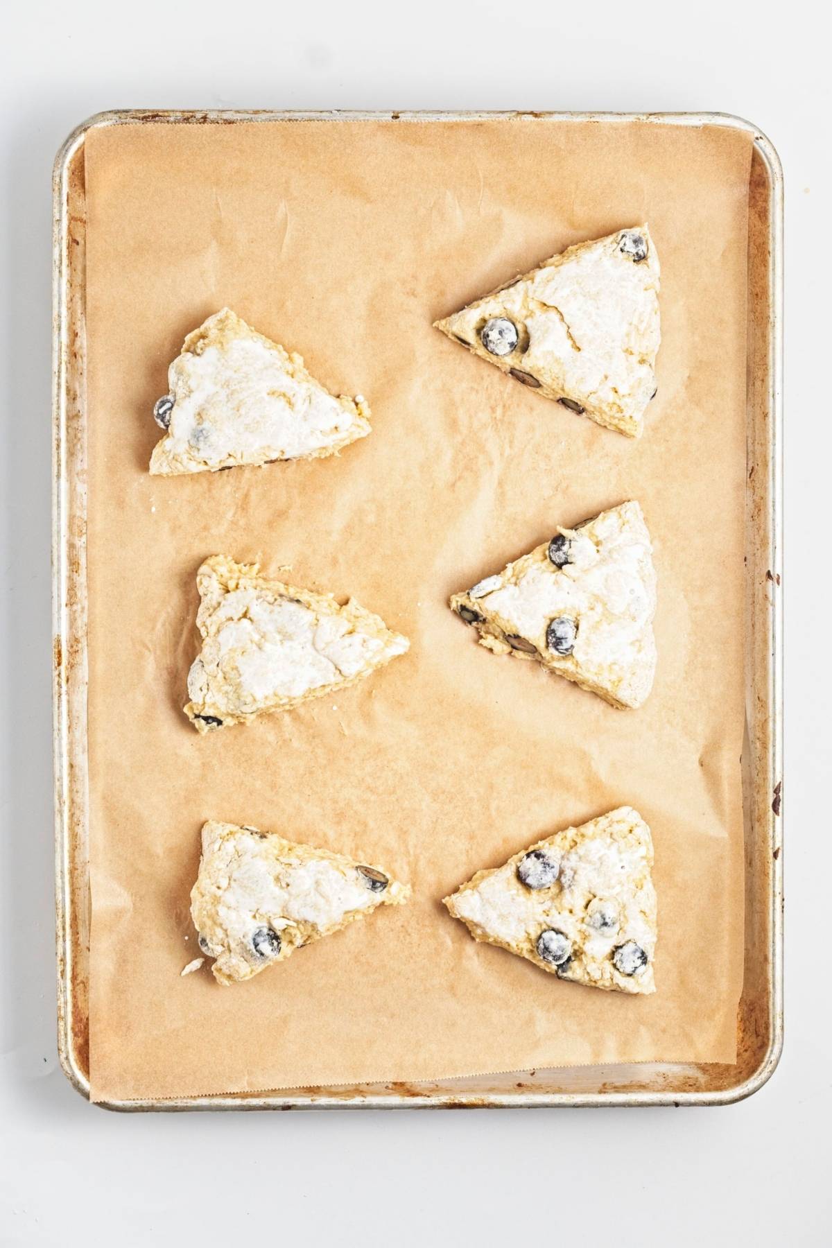 Unbaked blueberry scones arranged on a parchment-lined baking sheet.