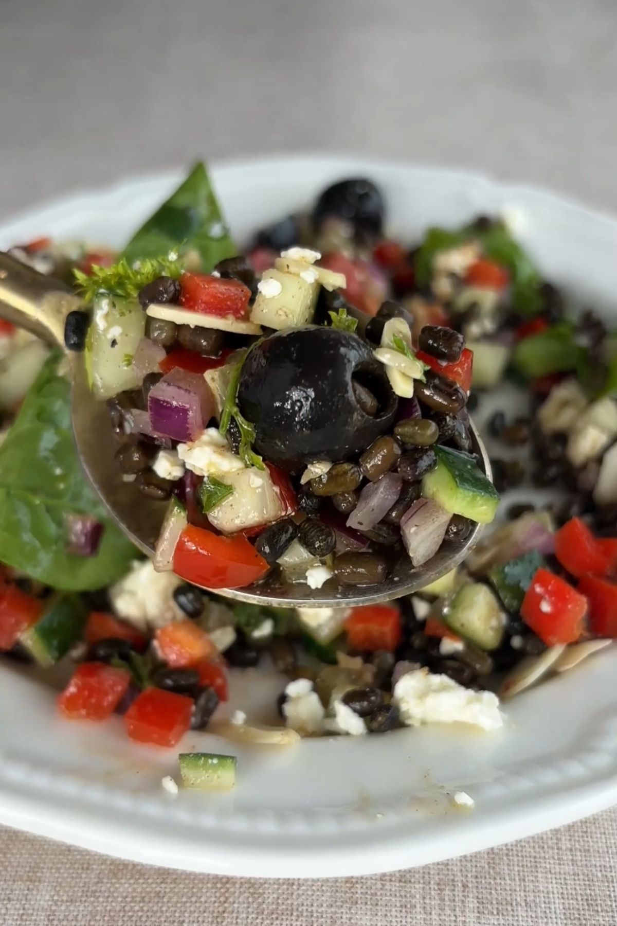 Black lentil salad topped with olives, feta, and toasted almonds on a white plate.