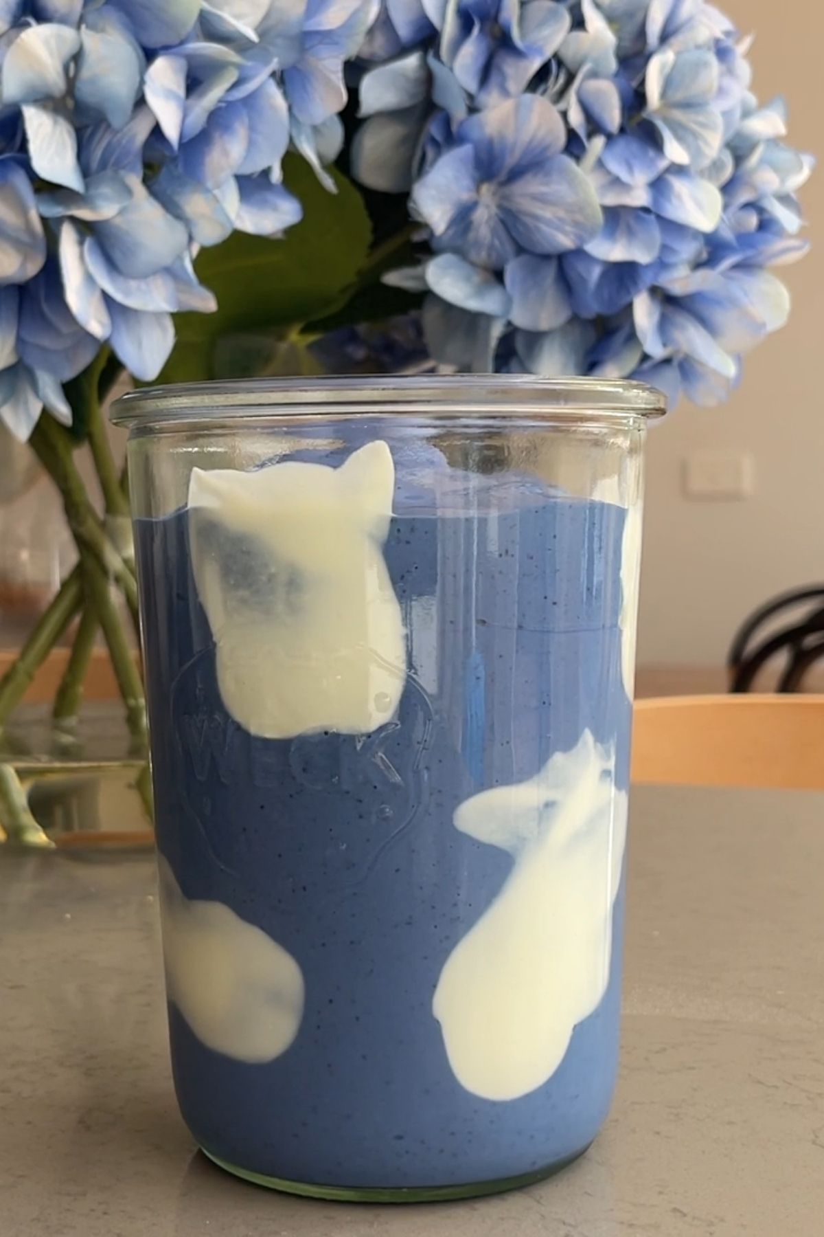 Blue spirulina smoothie with creamy yogurt swirls in a glass jar, styled with blue hydrangeas in the background.