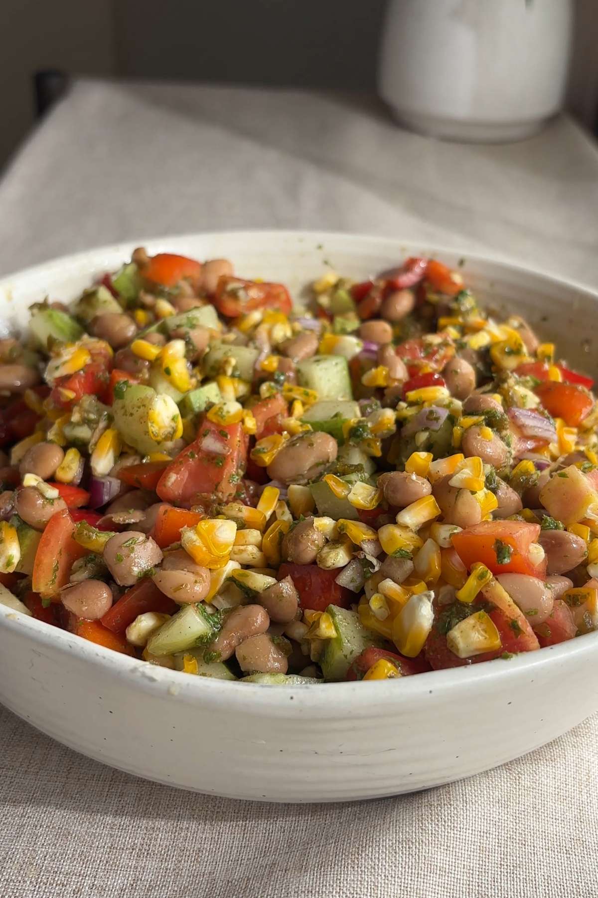 Pinto bean salad with corn, tomatoes, cucumber, and red onion in a white bowl.