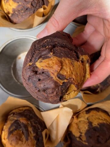 Hand holding a pumpkin chocolate swirl muffin with a marbled chocolate top.