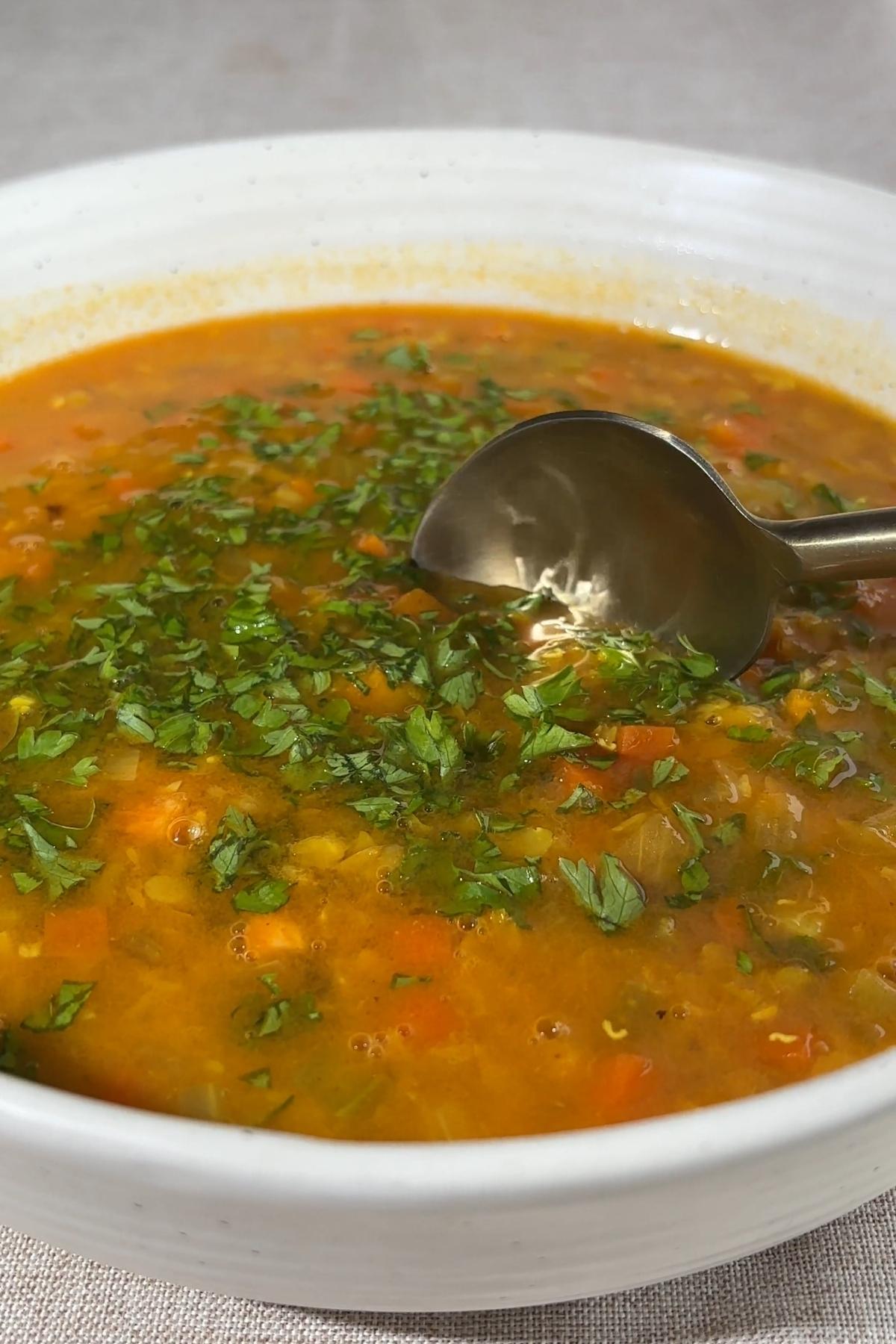 Spoon resting in red lentil coconut soup topped with chopped cilantro.