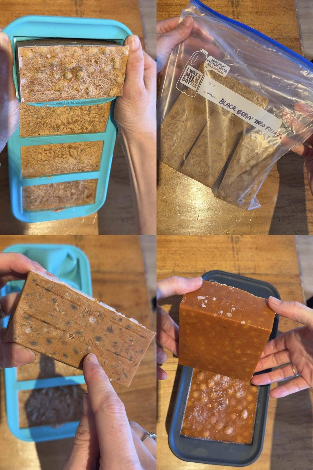 Four photos of frozen meal portions being lifted from silicone trays and stored in a labelled freezer bag.