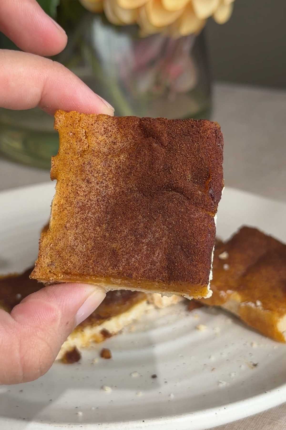Hand holding a vegan sweet potato pie bar dusted with cinnamon.