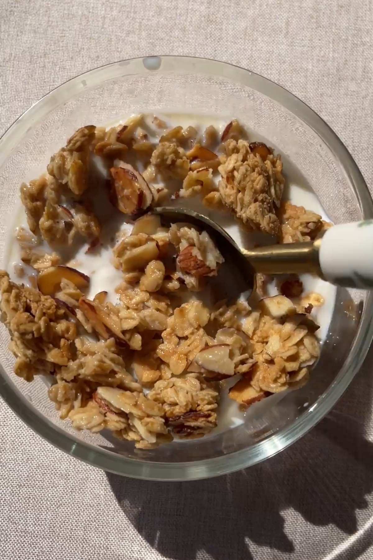 Bowl of vanilla almond granola with plant-based milk and a spoon scooping crunchy clusters.