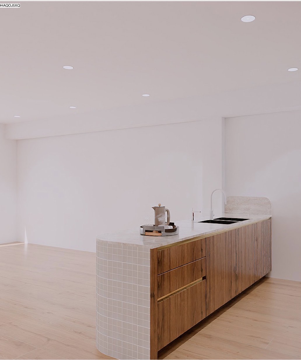 Curved tiled kitchen island counter with stone benchtop and timber drawers.