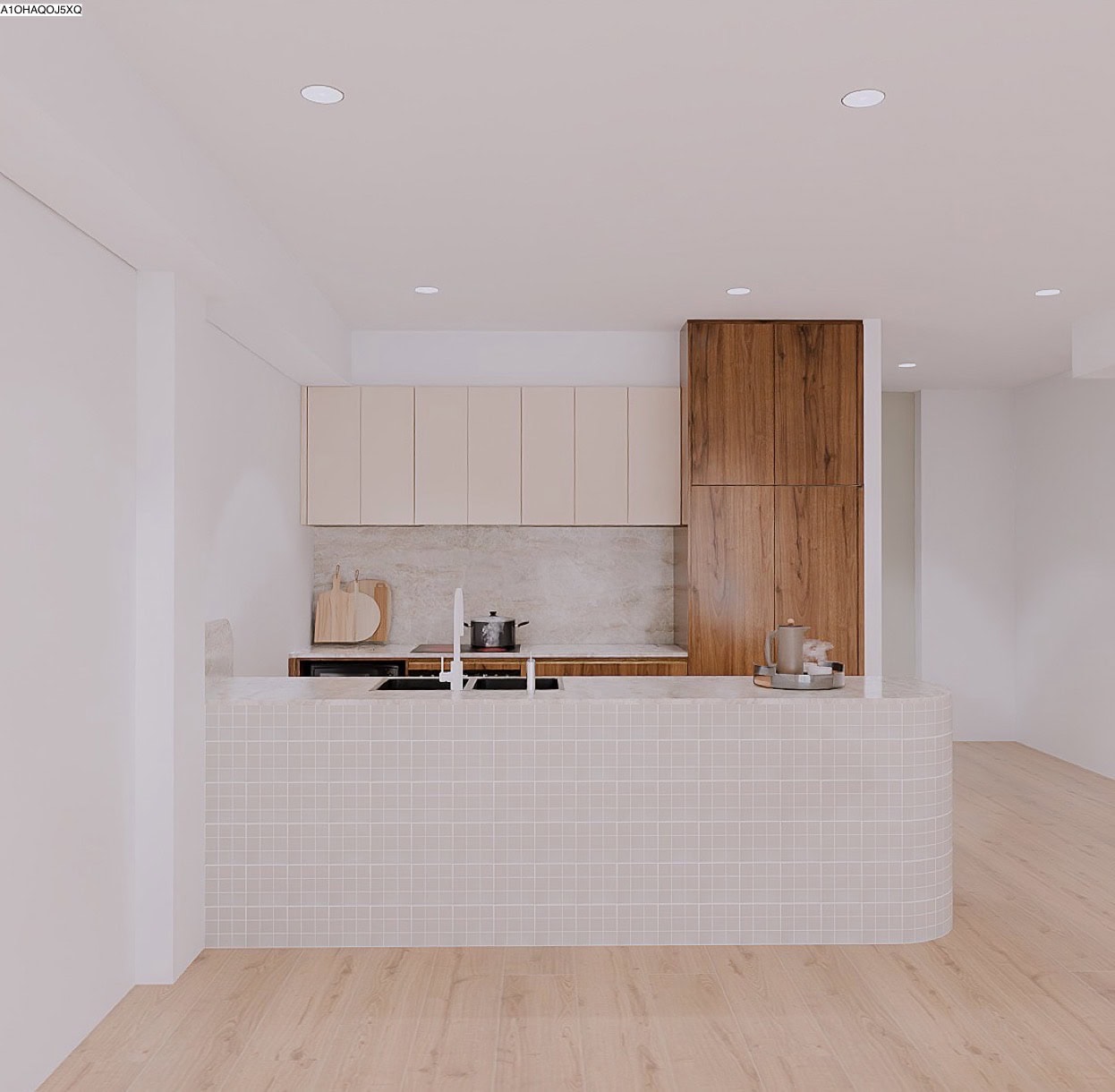 Render of kitchen with cream overhead cabinets, tall timber cabinet and square tiled island bench.
