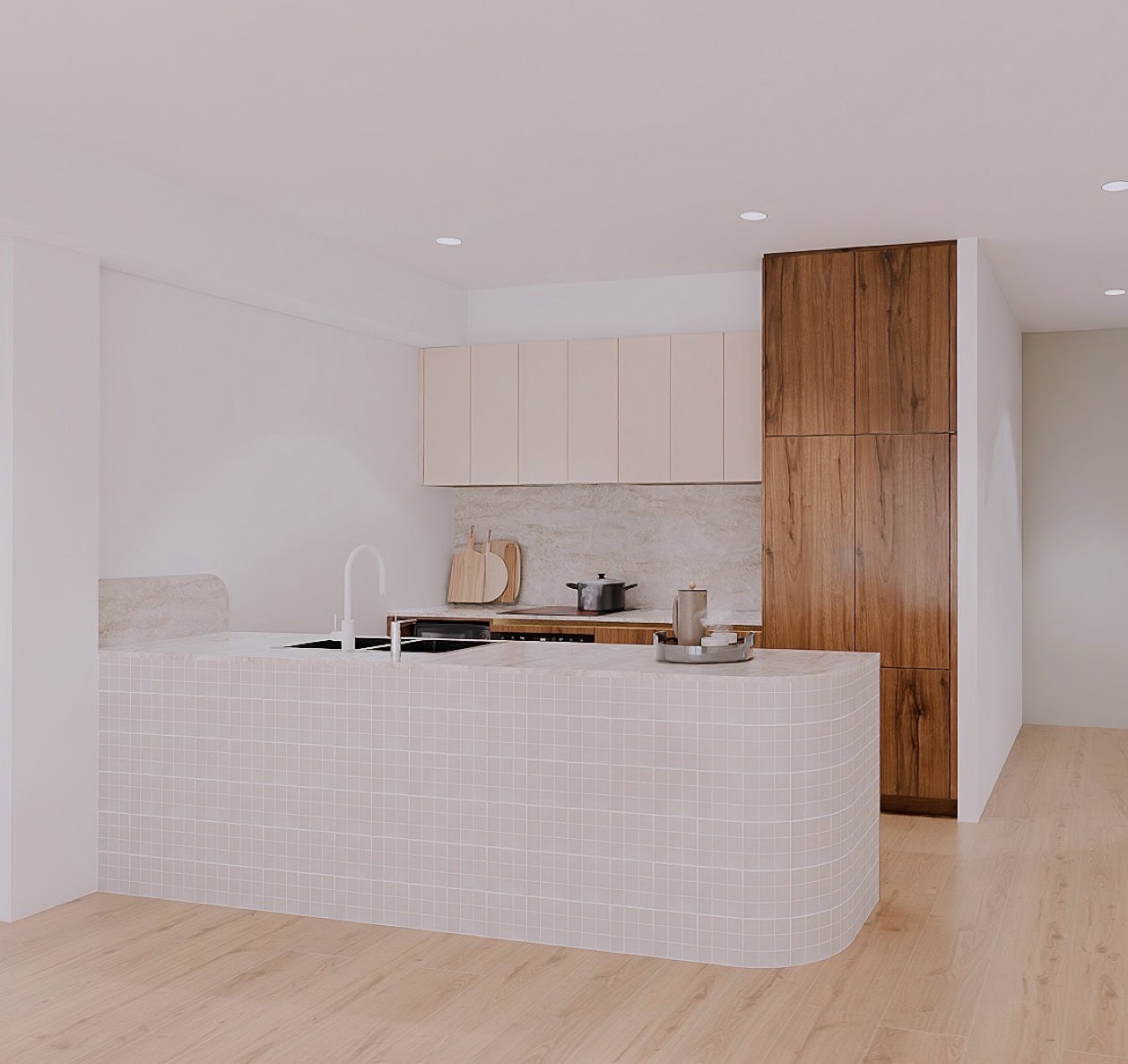 Render of kitchen with stone splashbacks, curved tiled island counter and walnut cabinet.