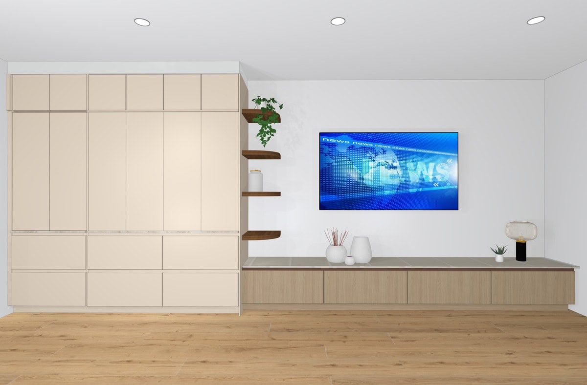Cream floor-to-ceiling cabinetry beside a timber media unit and floating shelves.