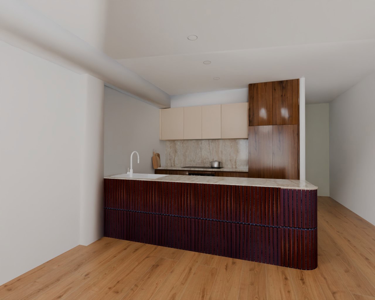 Galley kitchen render with burgundy tiles, tall walnut cabinet and off white upper cabinetry on oak floors.