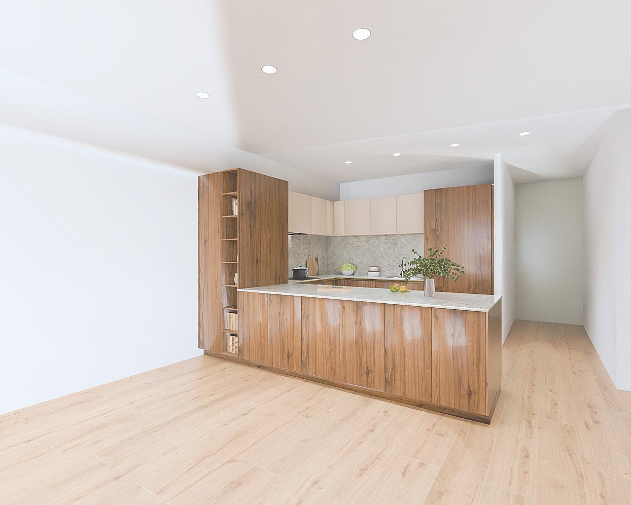 Render of walnut kitchen with large tall cabinets with oak floor and white walls.