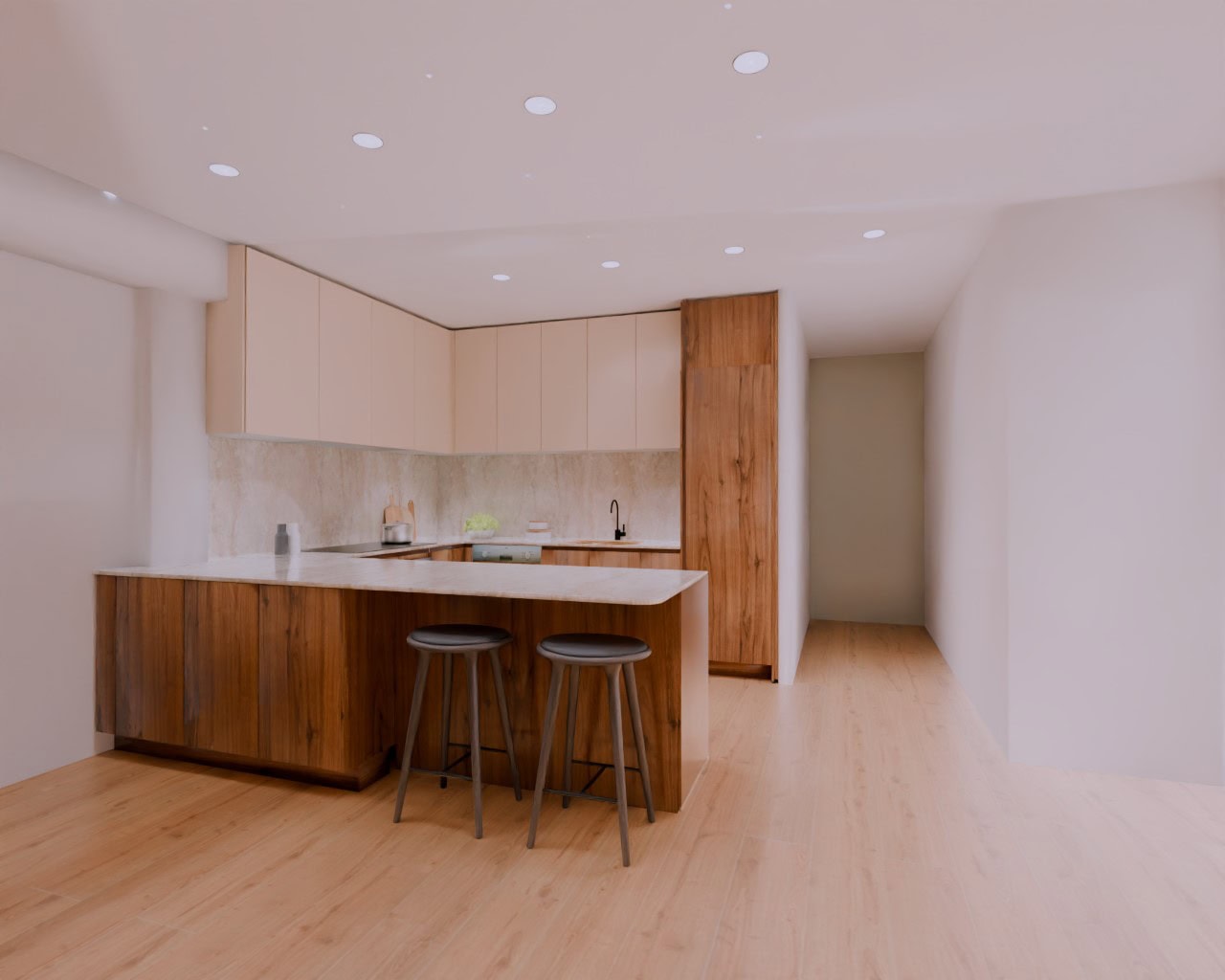 Modern kitchen render in wood and cream colours with kitchen stools.