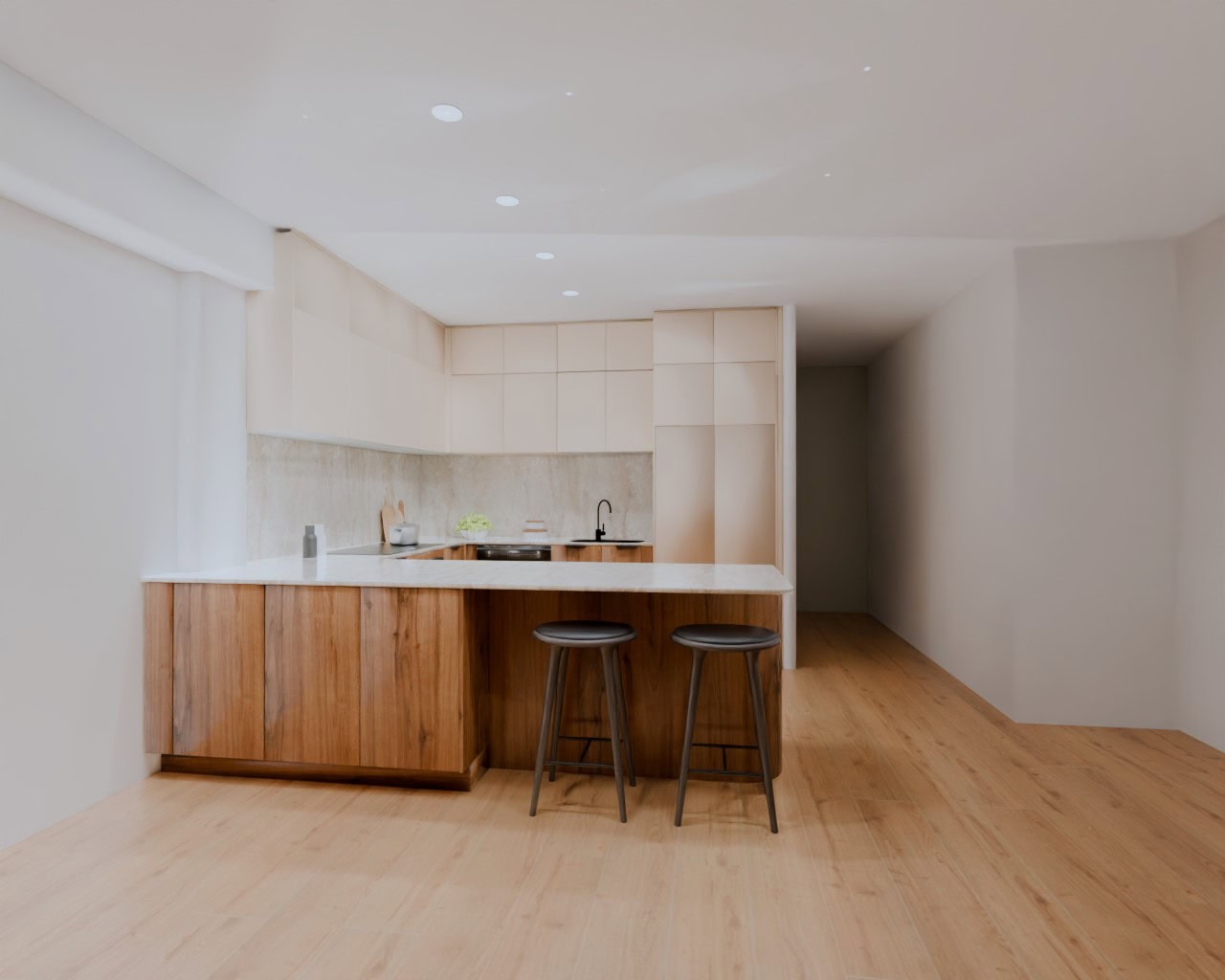 Modern kitchen render with wood and cream cabinetry amd kitchen stools.